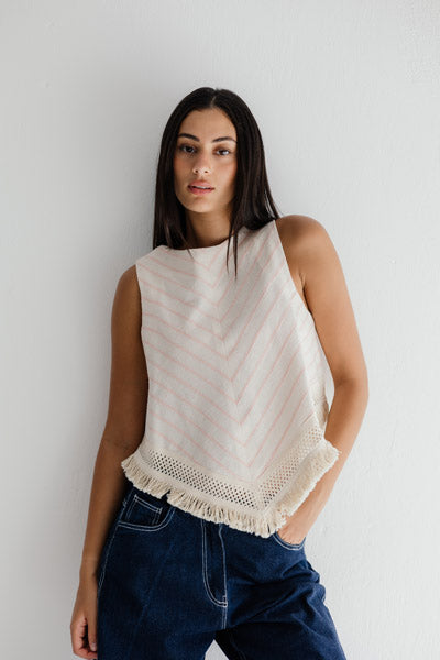 Solana Fringe Linen Top Pink