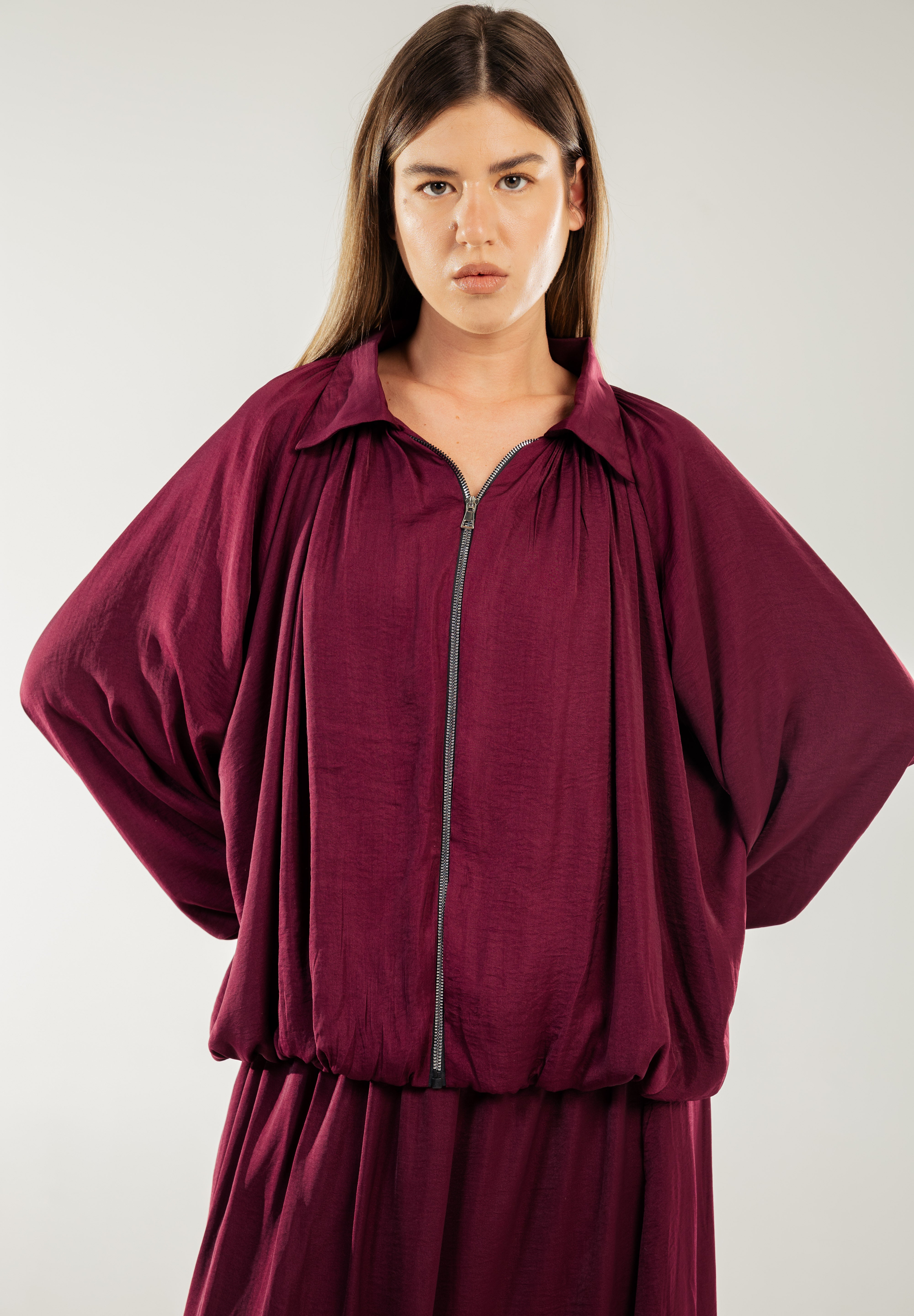 Satin Serenity Ensemble - Jacket Burgundy