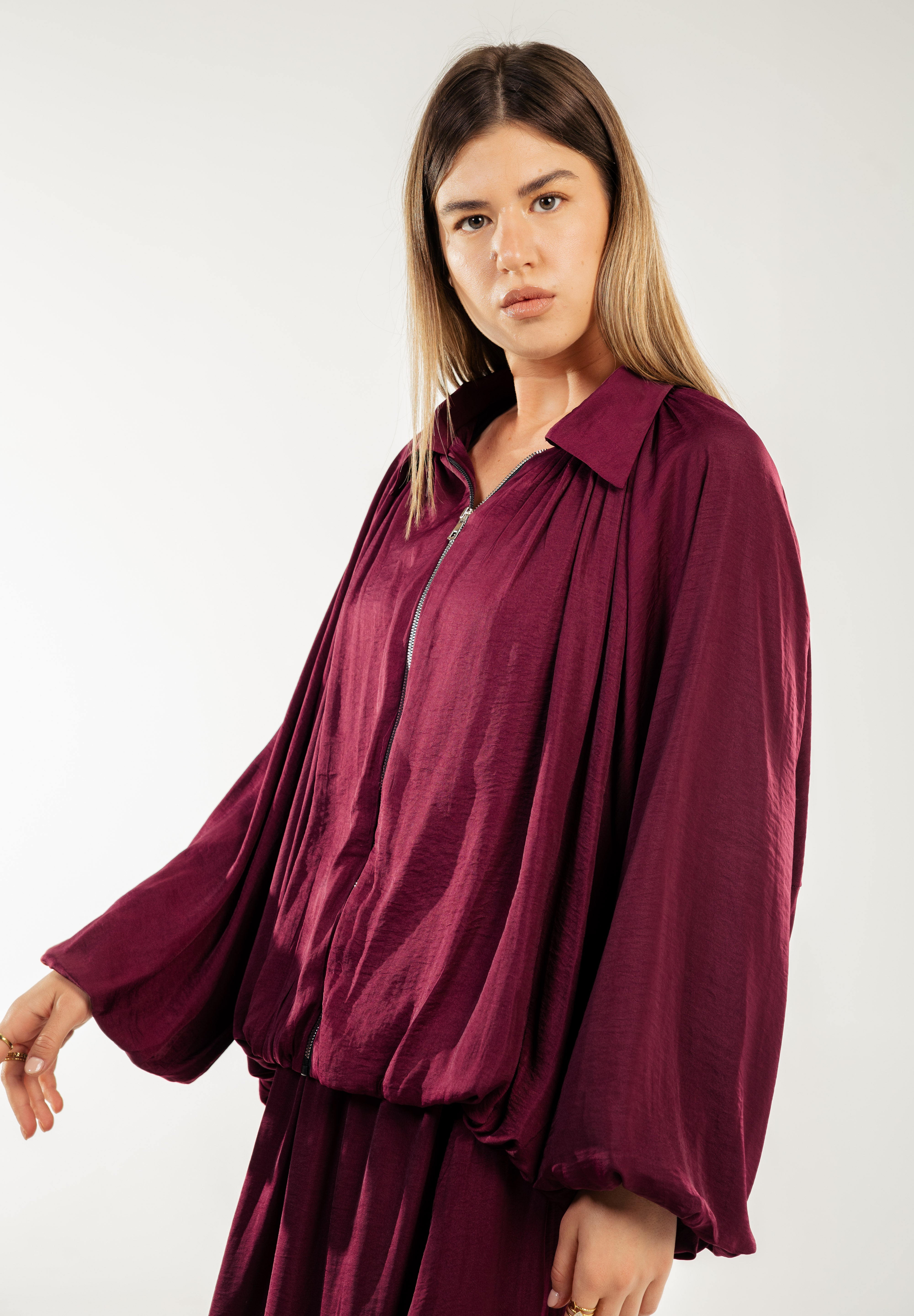 Satin Serenity Ensemble - Jacket Burgundy