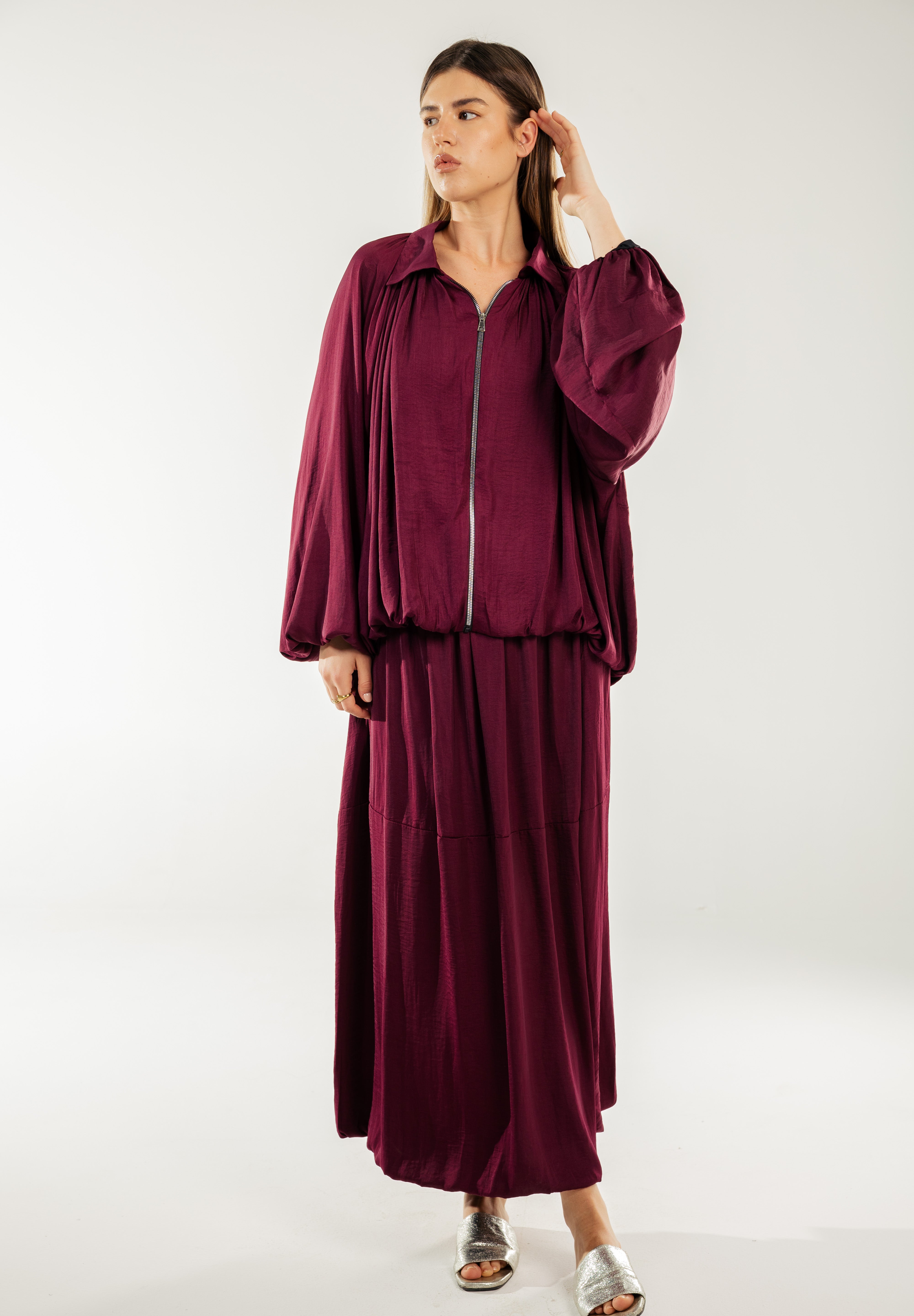 Satin Serenity Ensemble - Jacket Burgundy