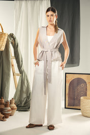 Striped oxford vest with a belt cafe and white strips
