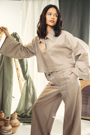 Cropped collared top with unfinshed sleeve details CAFE