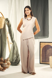 Wide leg linin pants with elastic band Beige