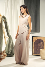 Wide leg linin pants with elastic band Beige