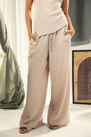Wide leg linin pants with elastic band Beige