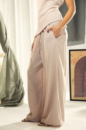 Wide leg linin pants with elastic band Beige