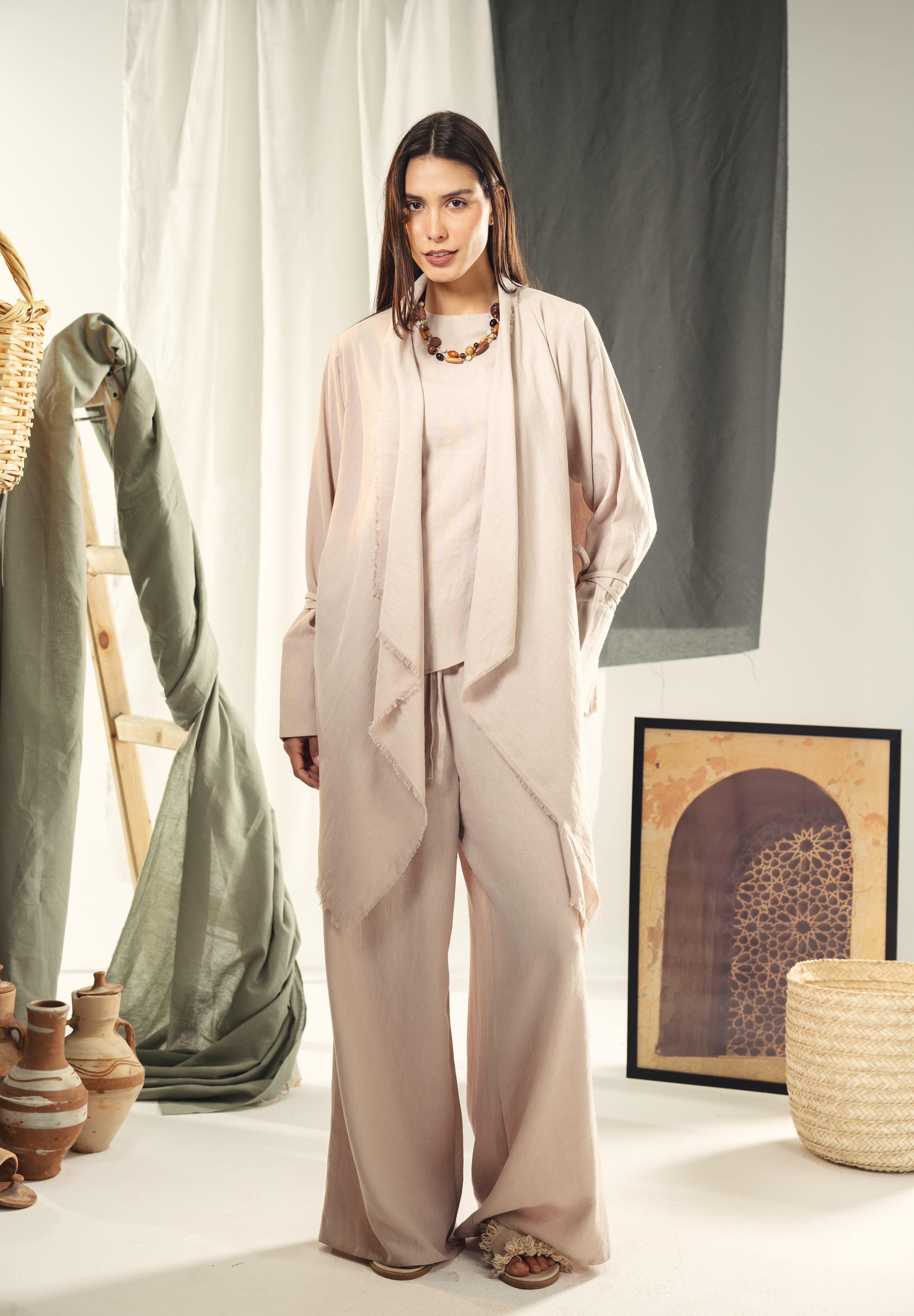 Boho unfinished cardigan with strings in the sleeves Beige