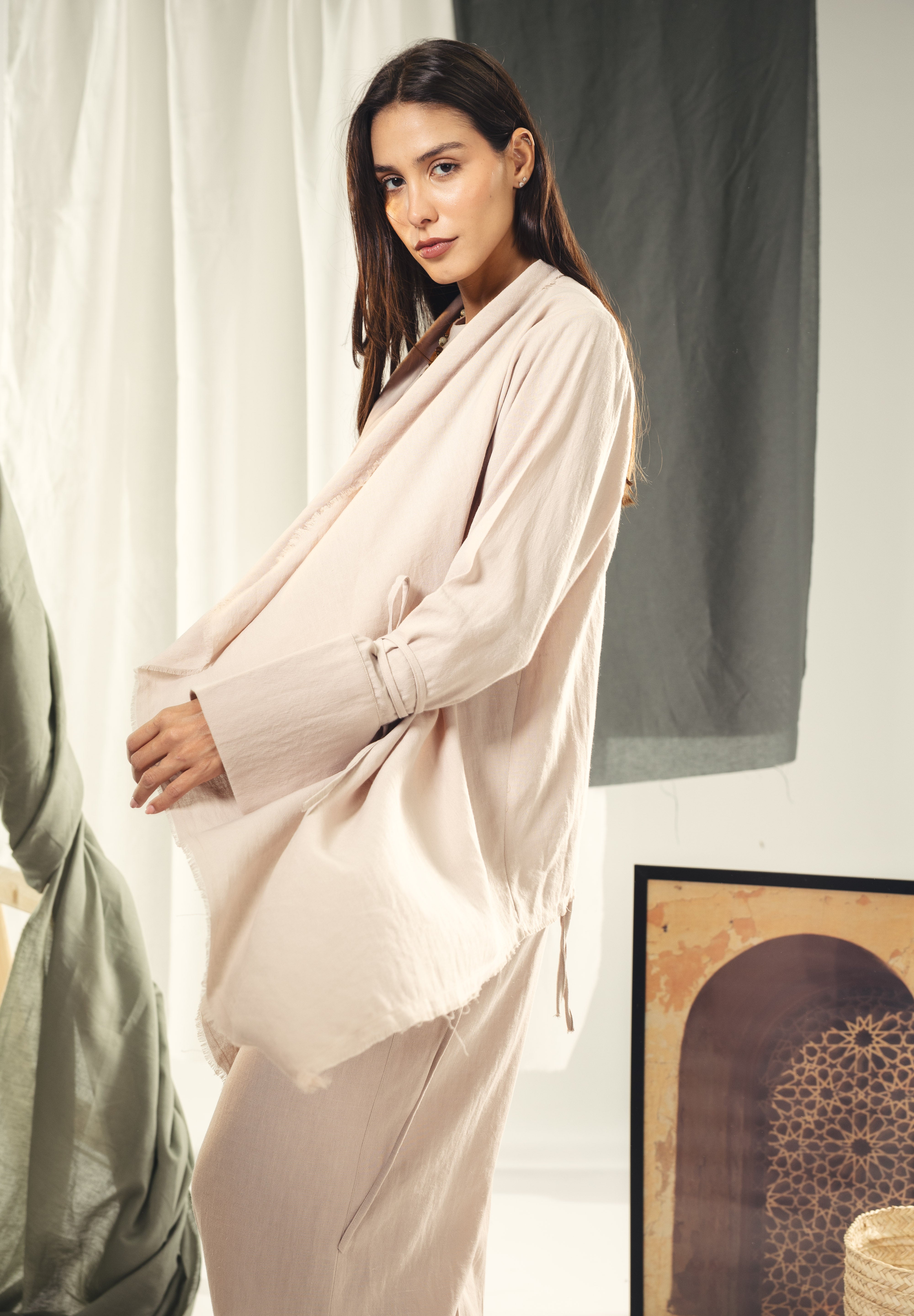 Boho unfinished cardigan with strings in the sleeves Beige