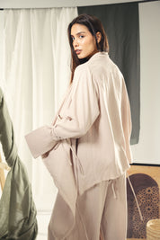 Boho unfinished cardigan with strings in the sleeves Beige