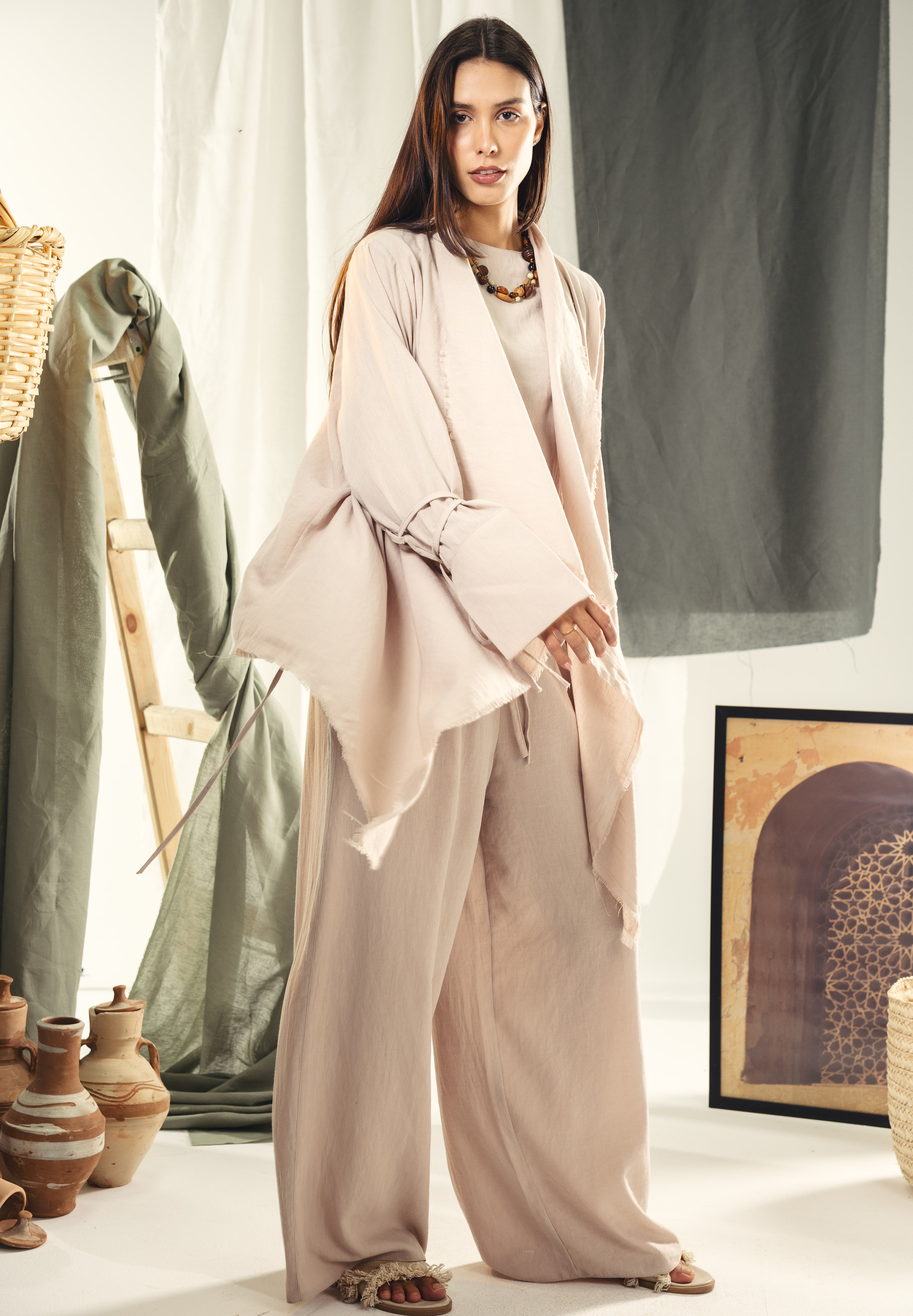 Boho unfinished cardigan with strings in the sleeves Beige
