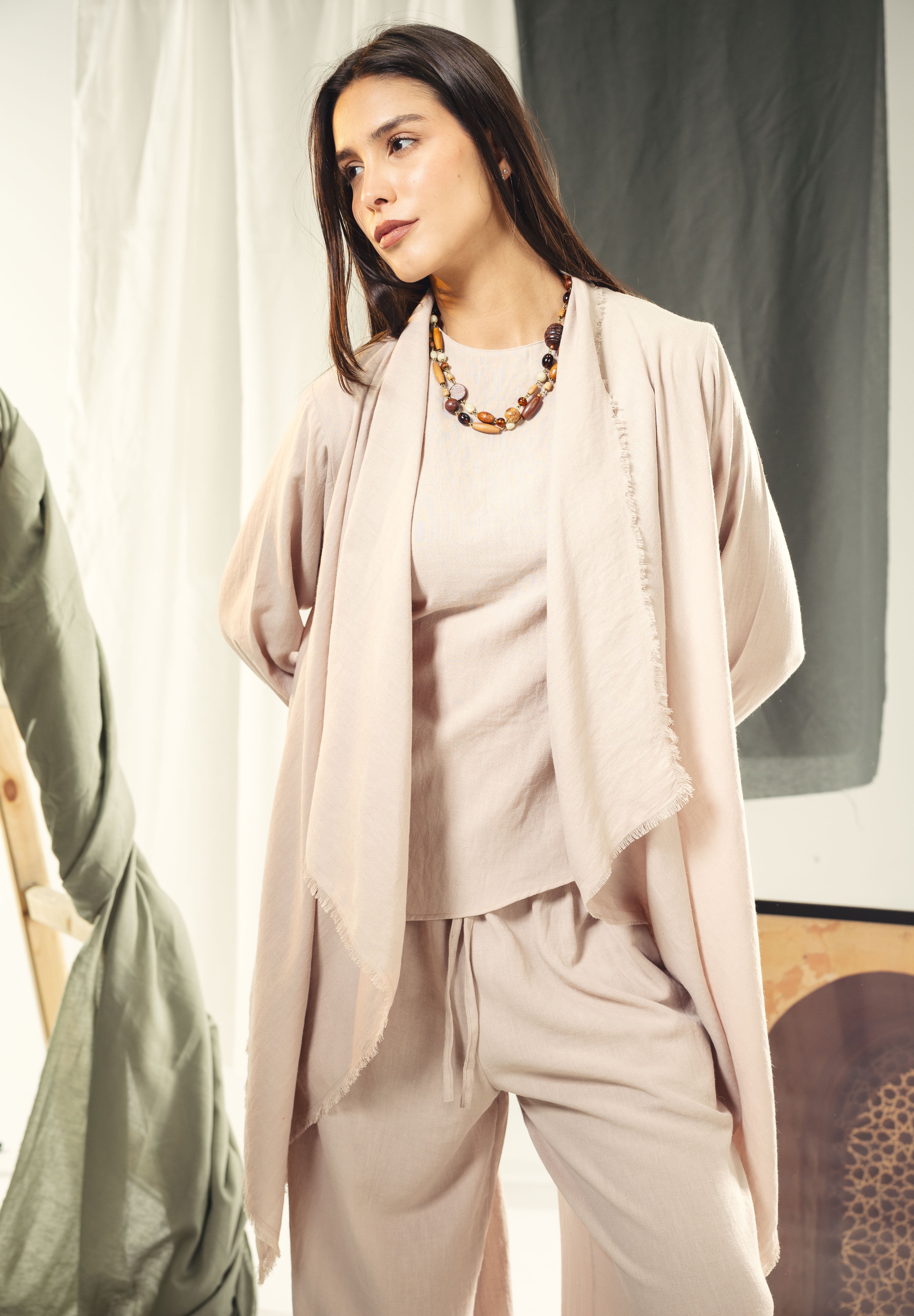 Boho unfinished cardigan with strings in the sleeves Beige