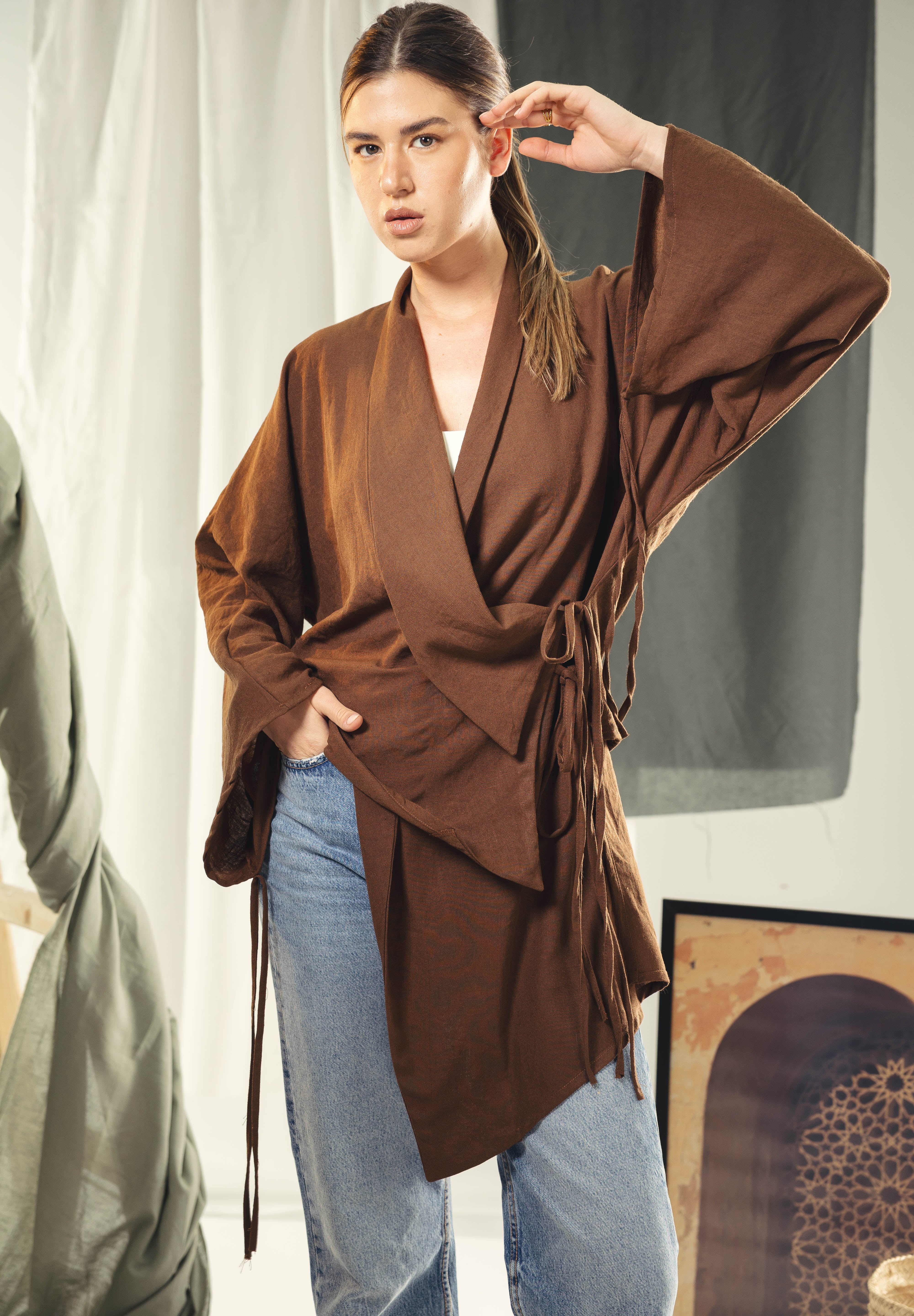 Asymmetric wrap cardigan Brown