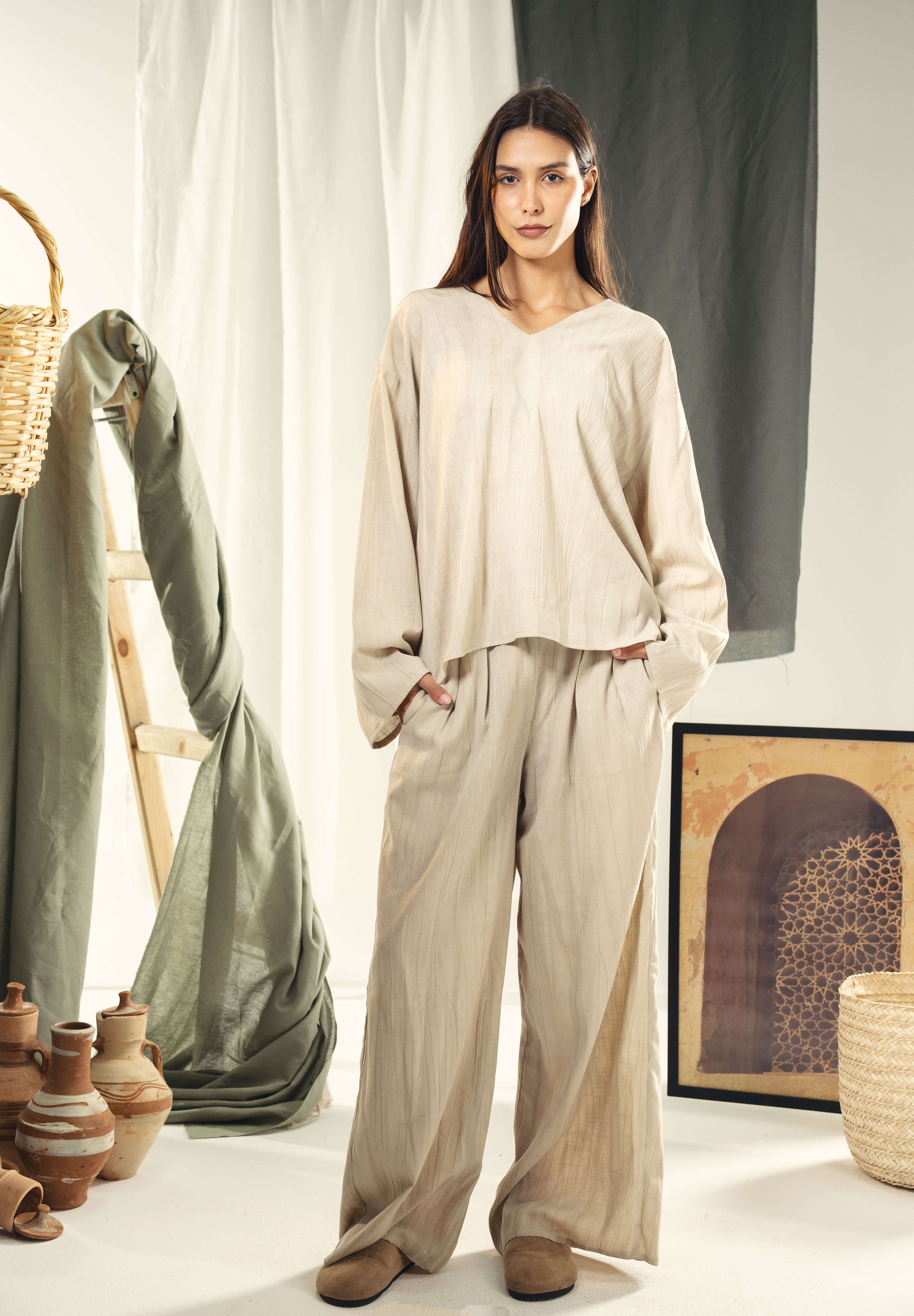 Washed linen loose blouse Beige