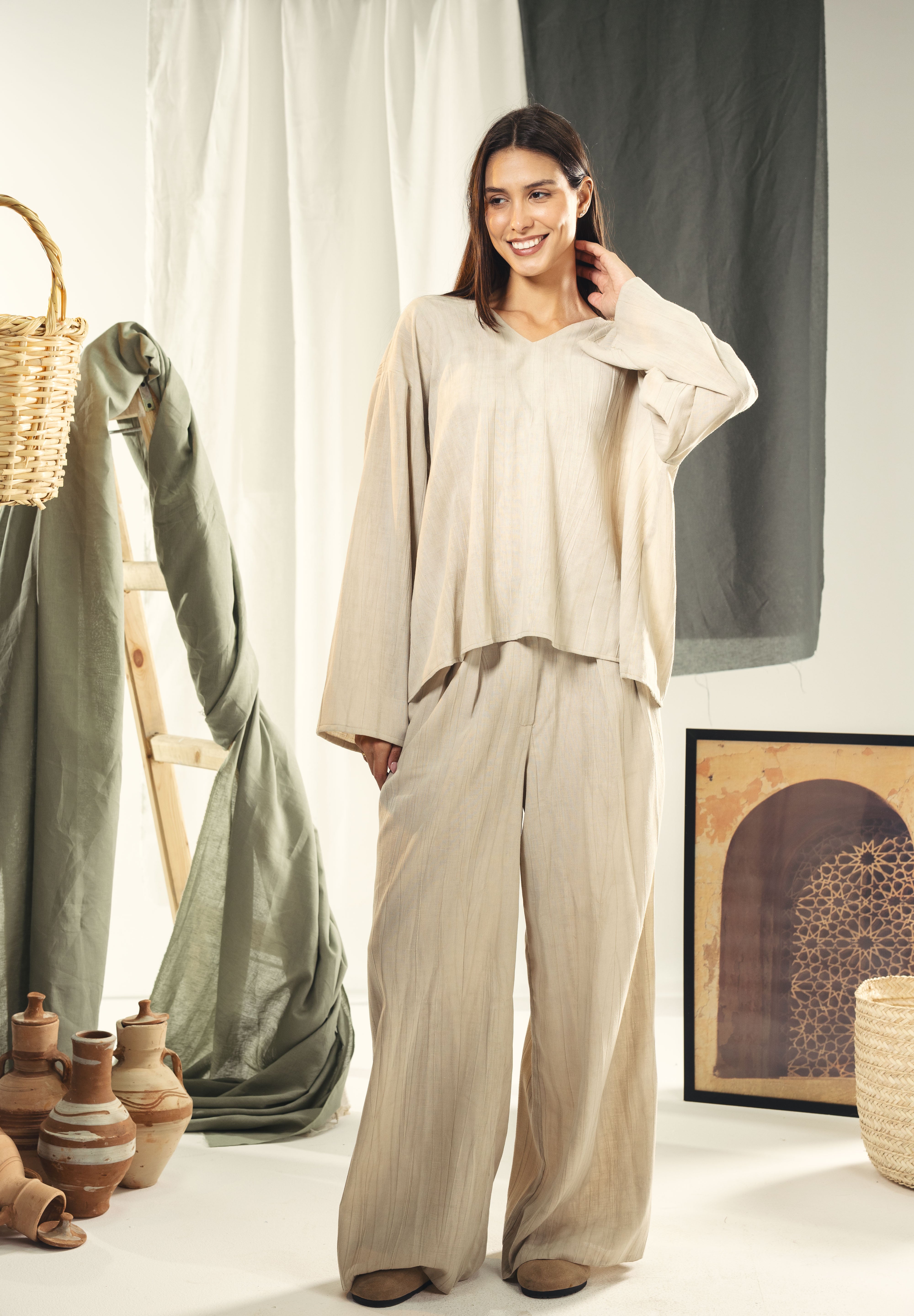Washed linen loose blouse Beige