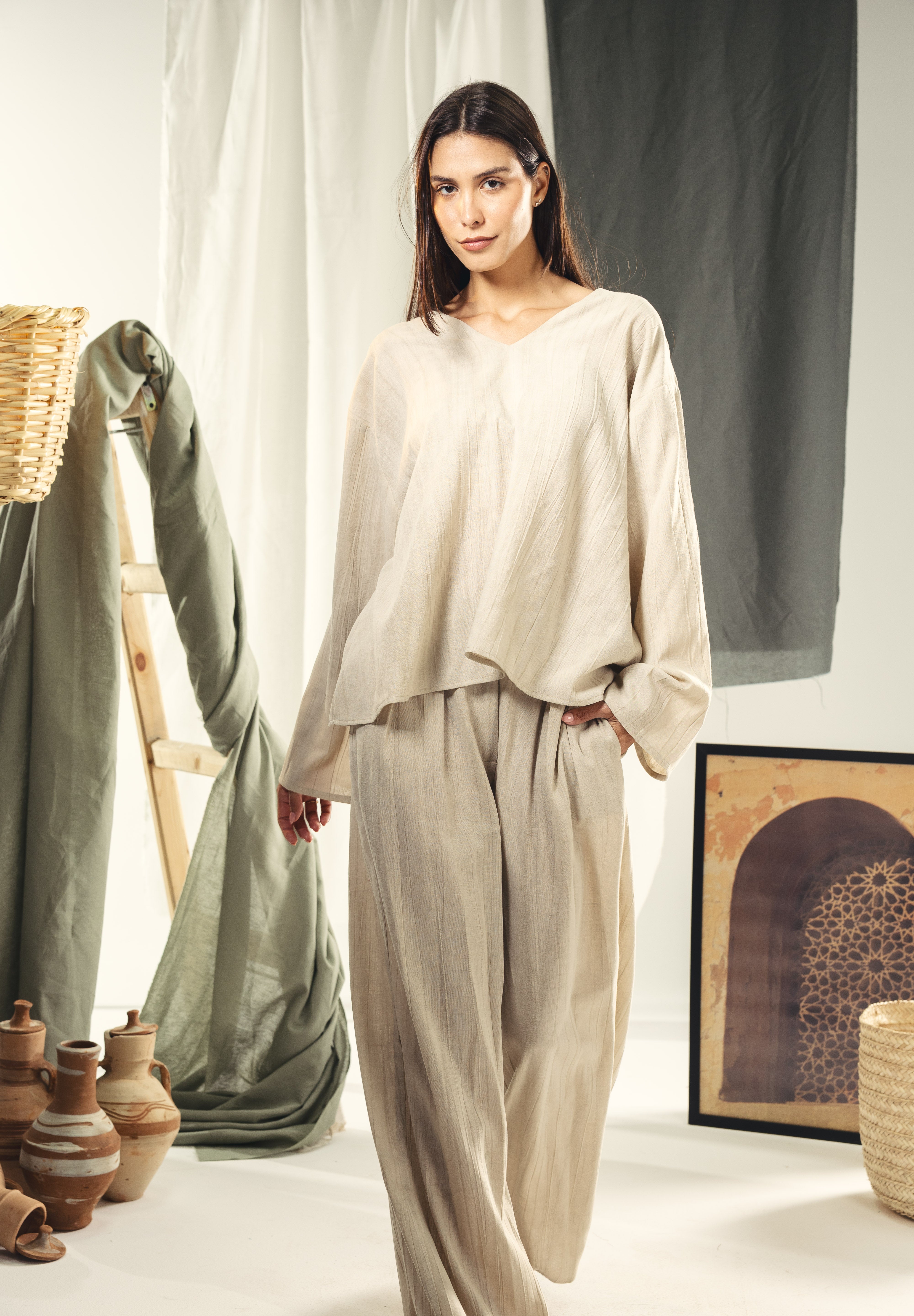 Washed linen wide leg pants Beige