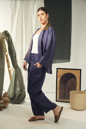 Cardigan with a cut in the sides and collars with curved ends Indigo blue