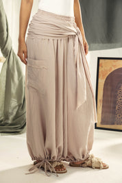 Balloon pants with a waist band and a scarf Beige