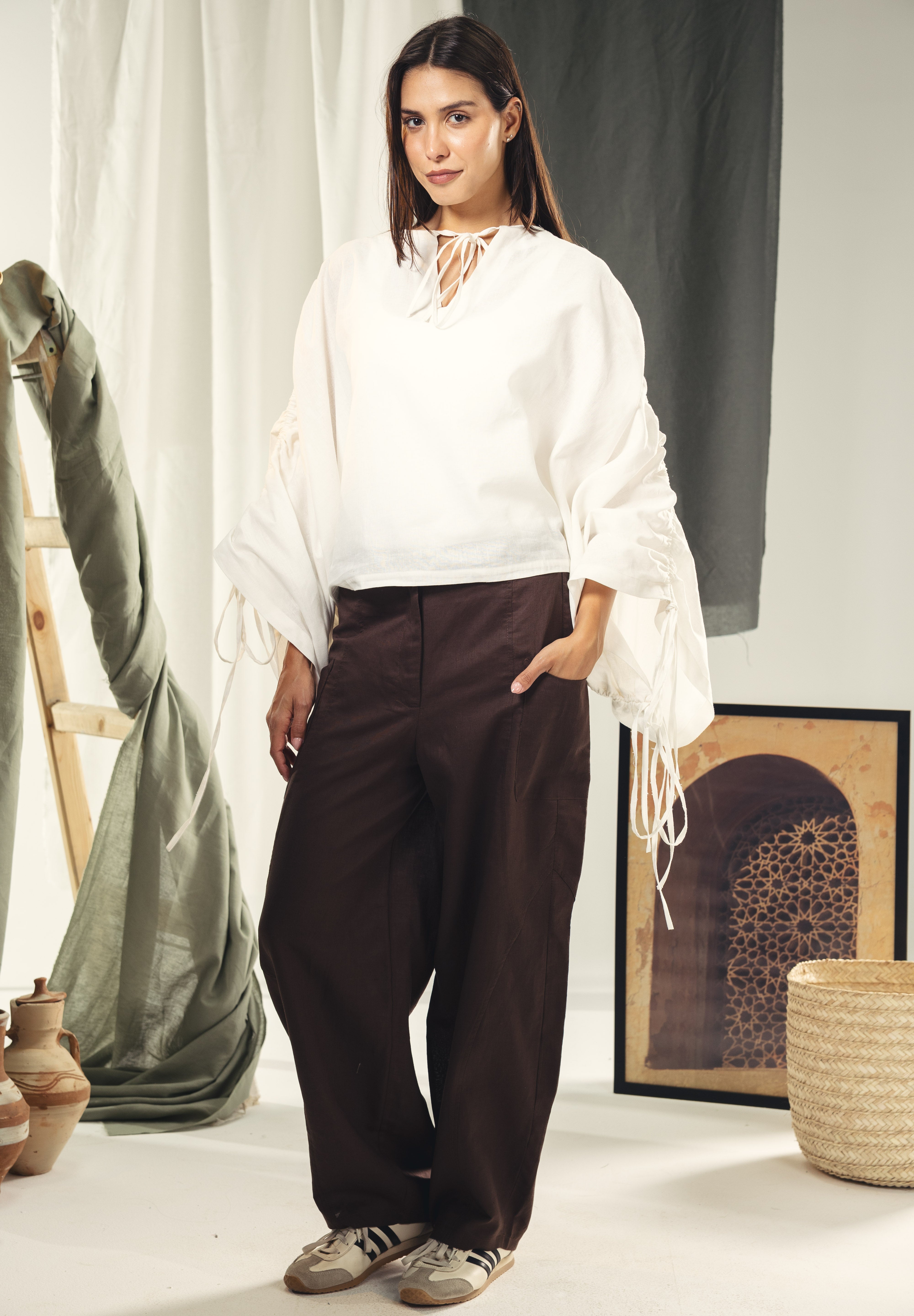 White blouse with straw strings