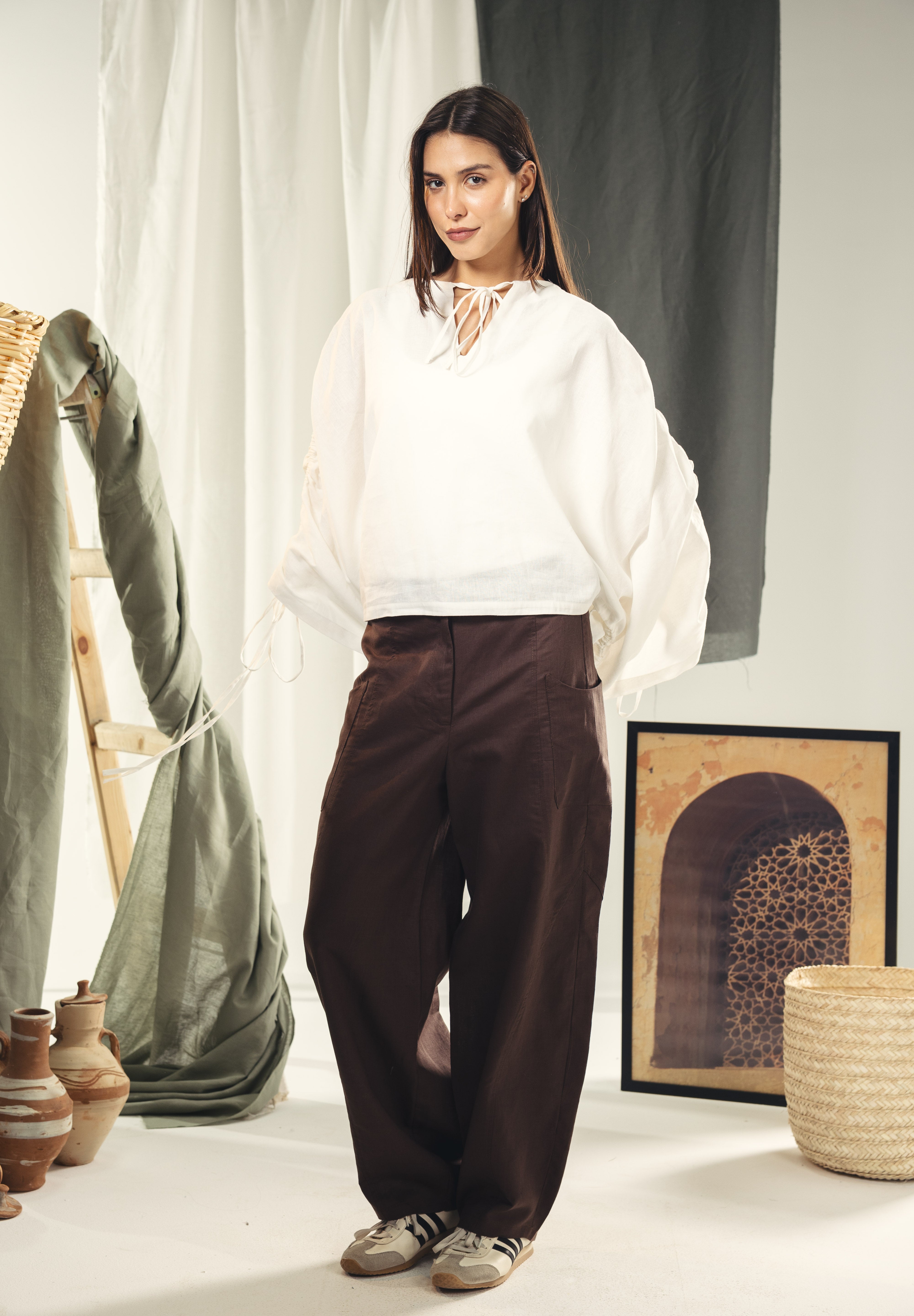 White blouse with straw strings