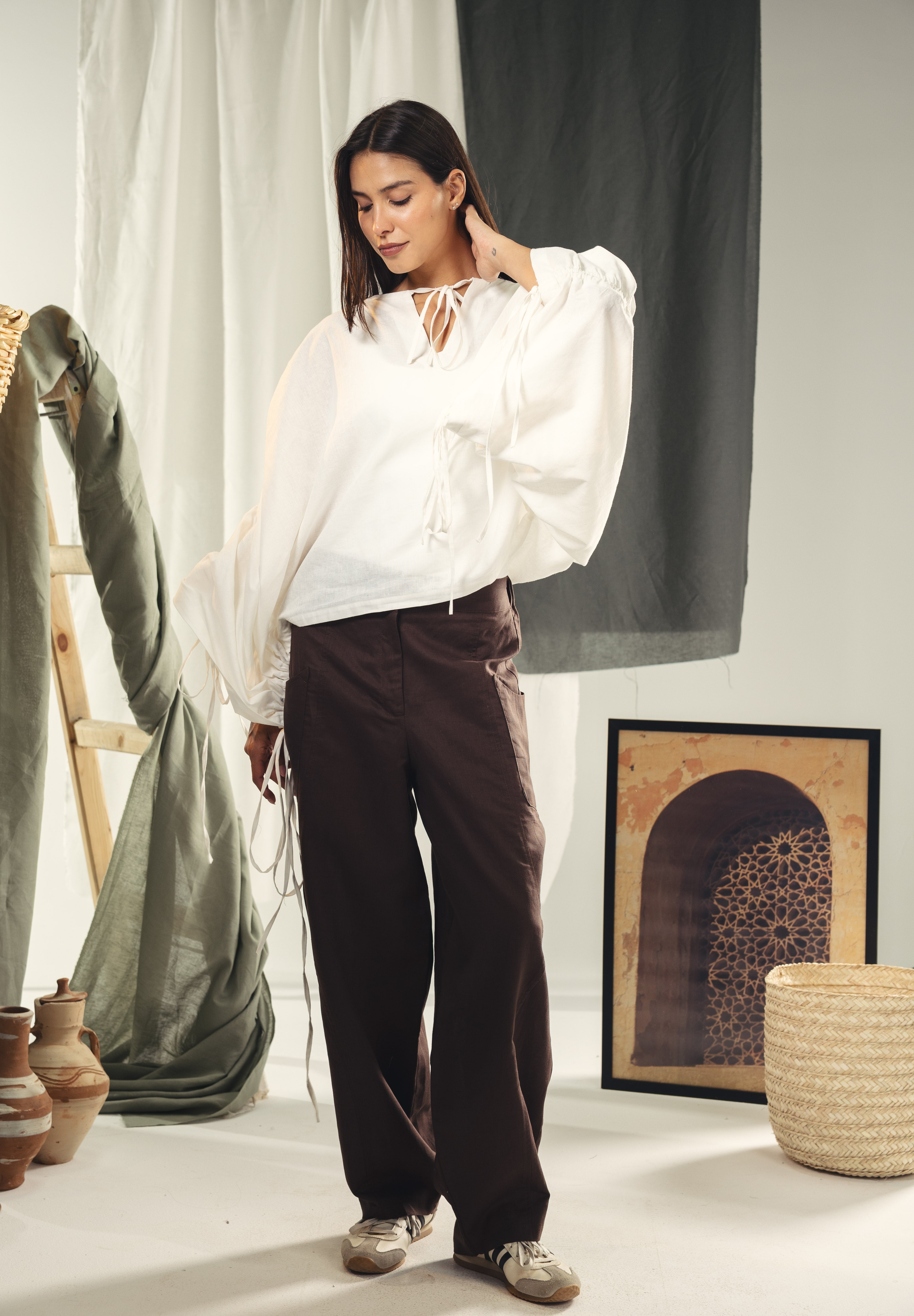 White blouse with straw strings