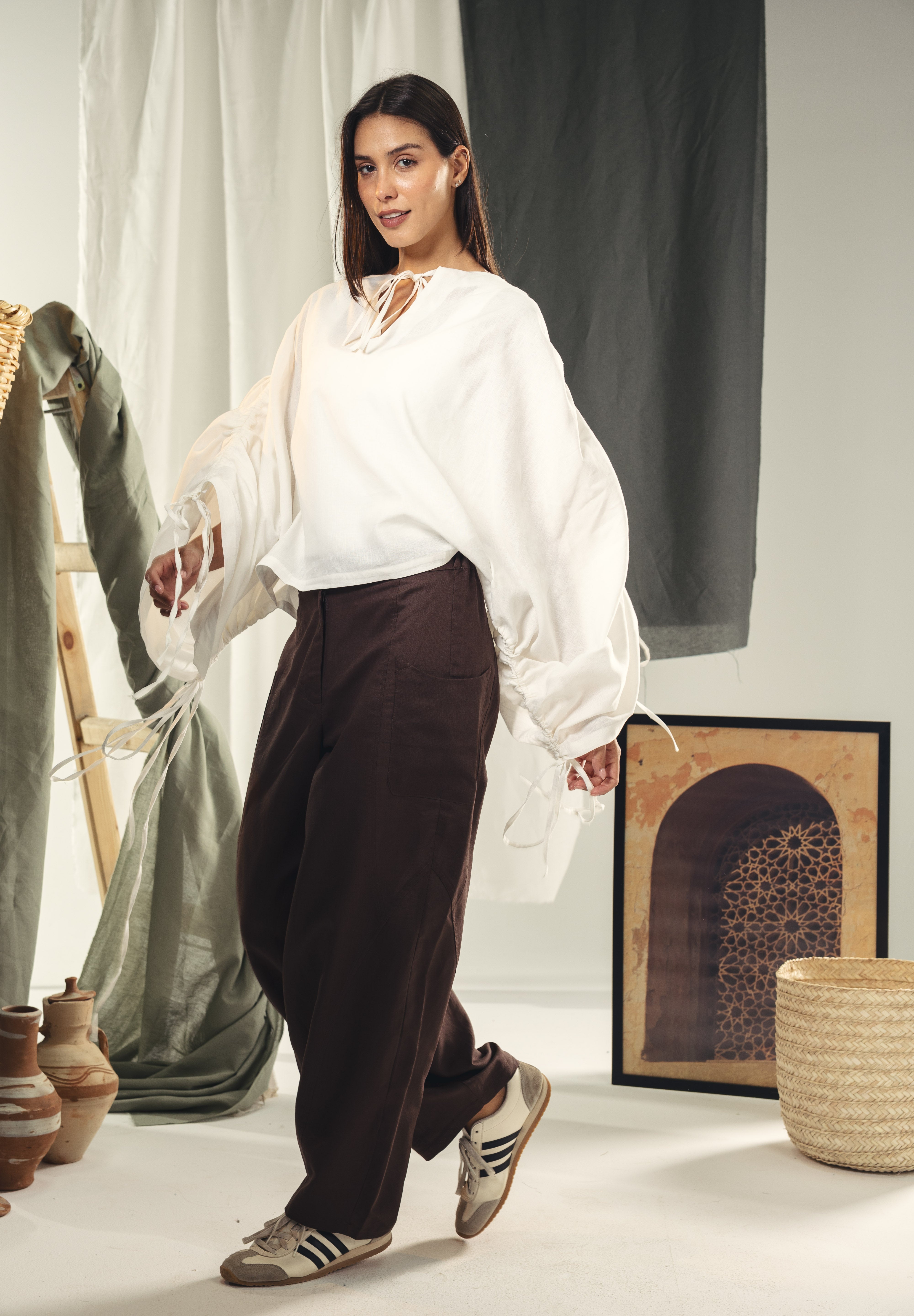White blouse with straw strings