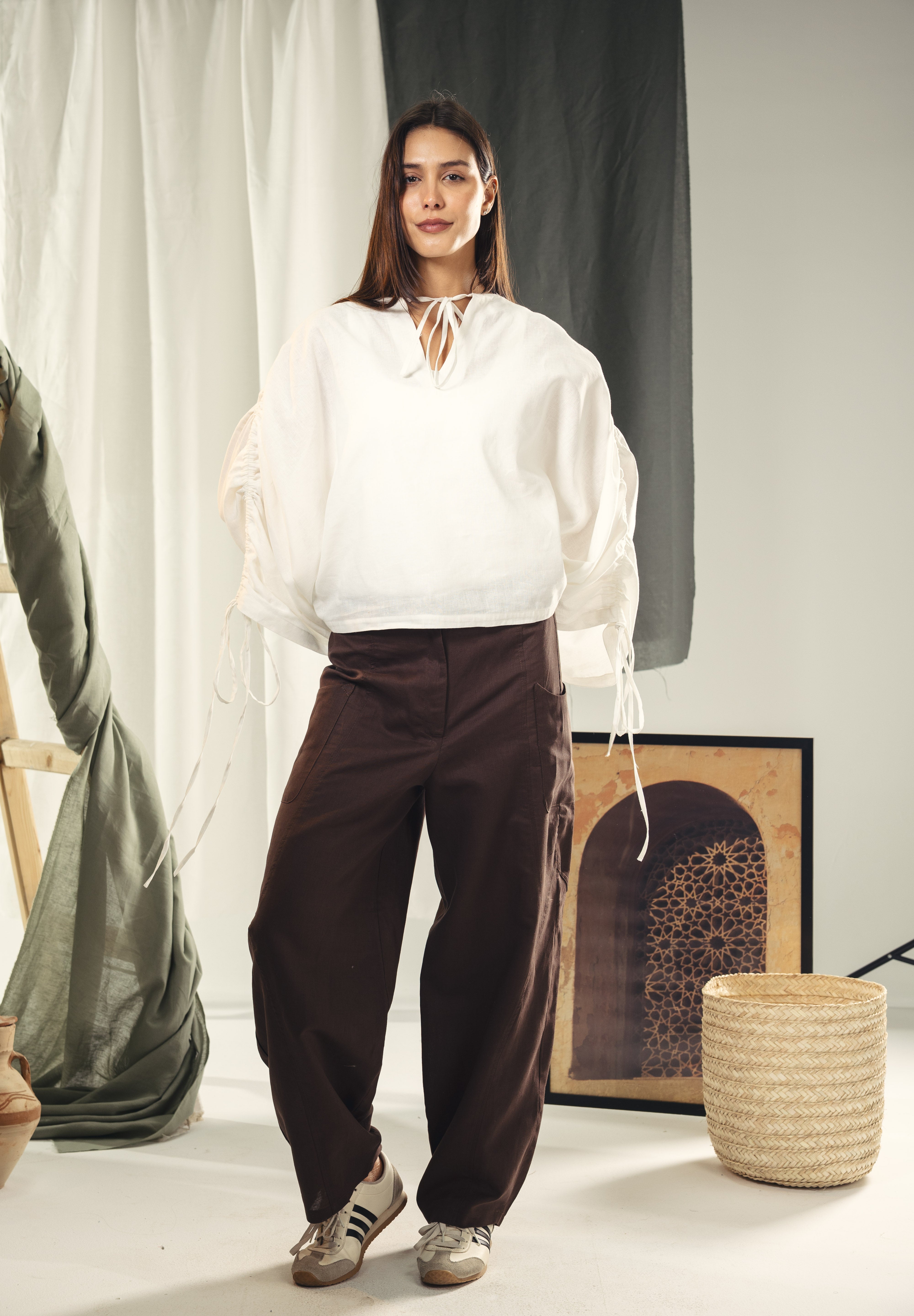 White blouse with straw strings