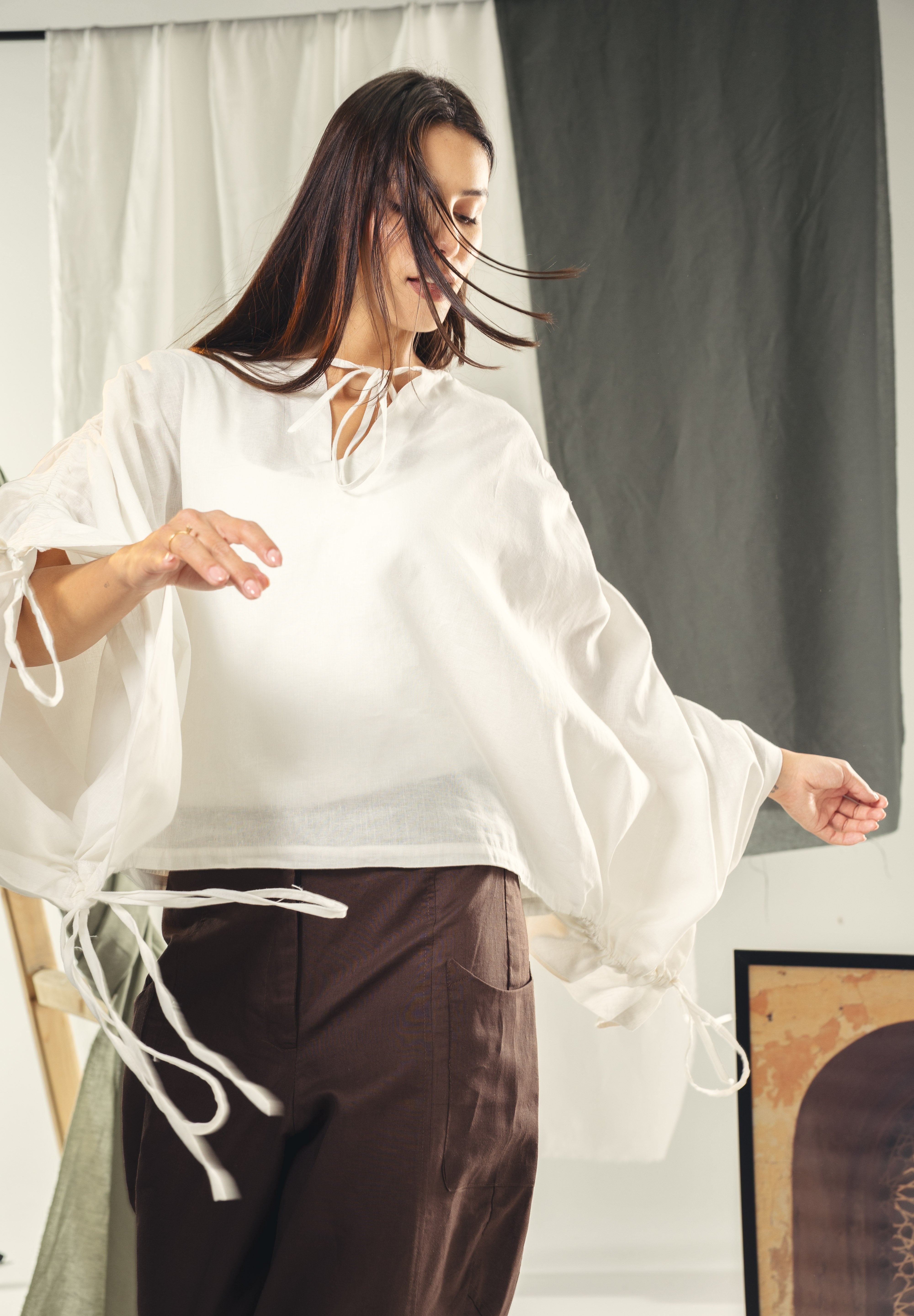 White blouse with straw strings
