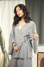 Striped Relaxed-Fit Cardigan with Wide Sleeves Grey