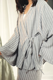 Striped Relaxed-Fit Cardigan with Wide Sleeves Grey