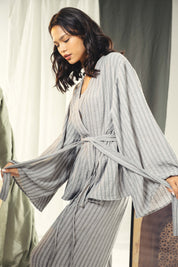 Striped Relaxed-Fit Cardigan with Wide Sleeves Grey