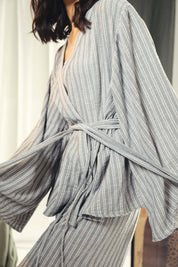 Striped Relaxed-Fit Cardigan with Wide Sleeves Grey