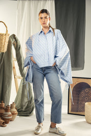 oversized striped shirt with back straw string Blue & White