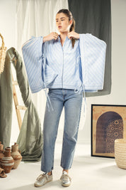 oversized striped shirt with back straw string Blue & White