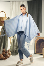 oversized striped shirt with back straw string Blue & White