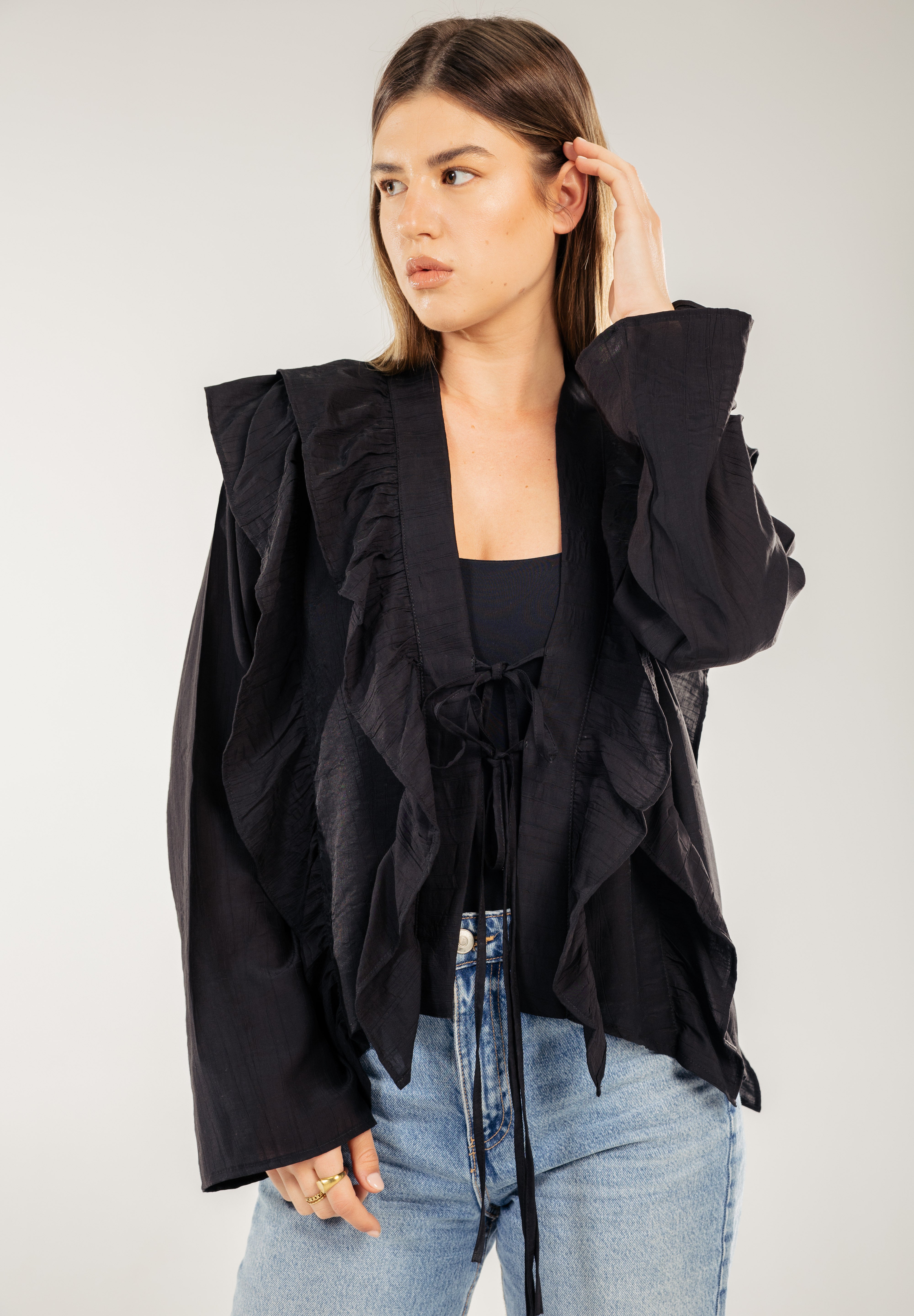 Breezy Ruffle Cardigan BLACK