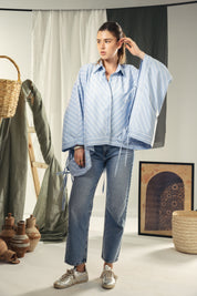oversized striped shirt with back straw string Blue & White