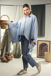 oversized striped shirt with back straw string Blue & White
