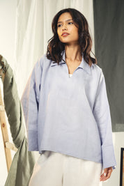 Oversized Blouse with V-Neck BabyBlue