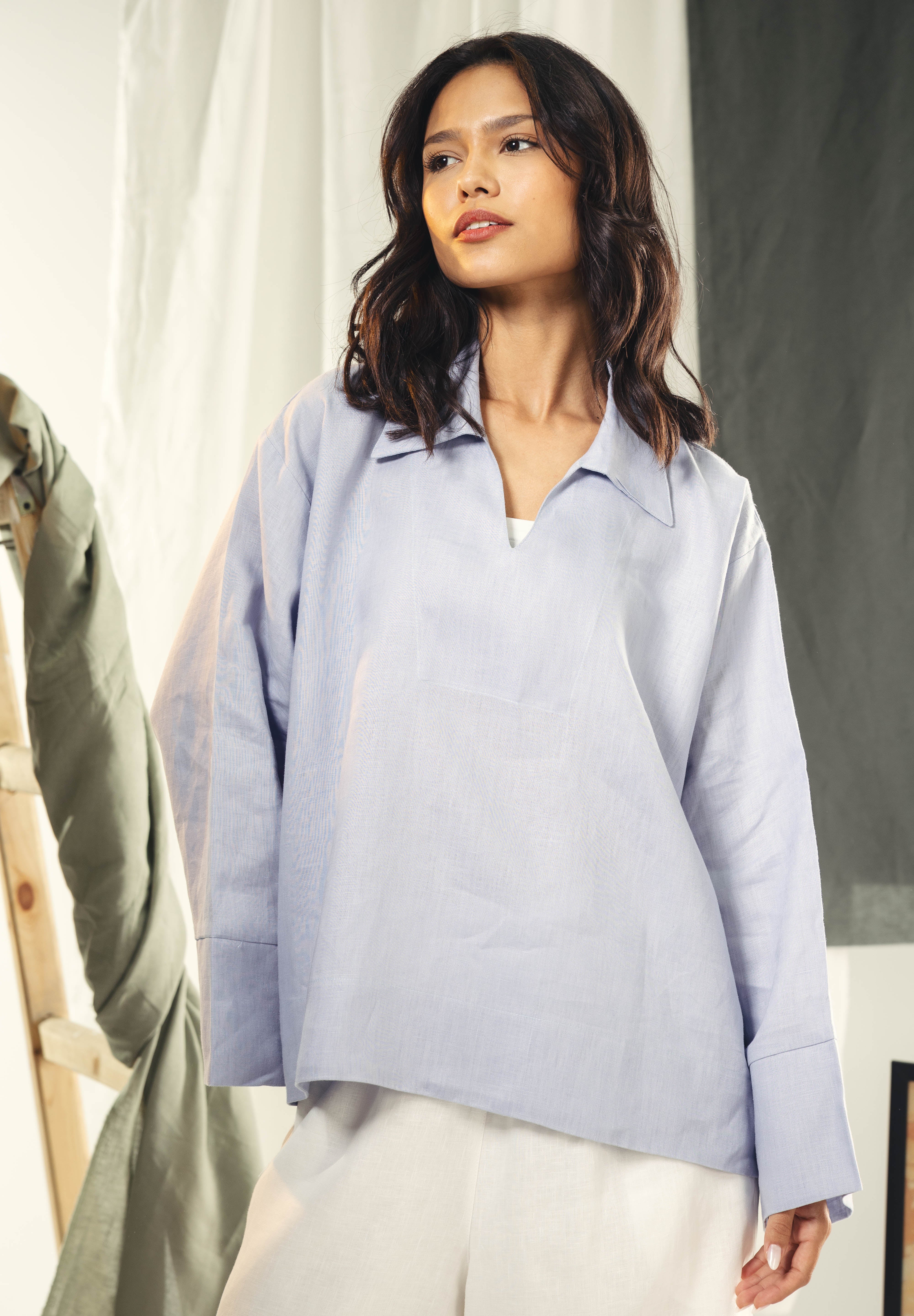 Oversized Blouse with V-Neck BabyBlue