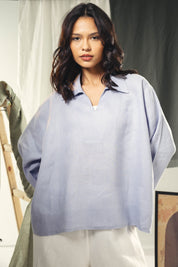Oversized Blouse with V-Neck BabyBlue
