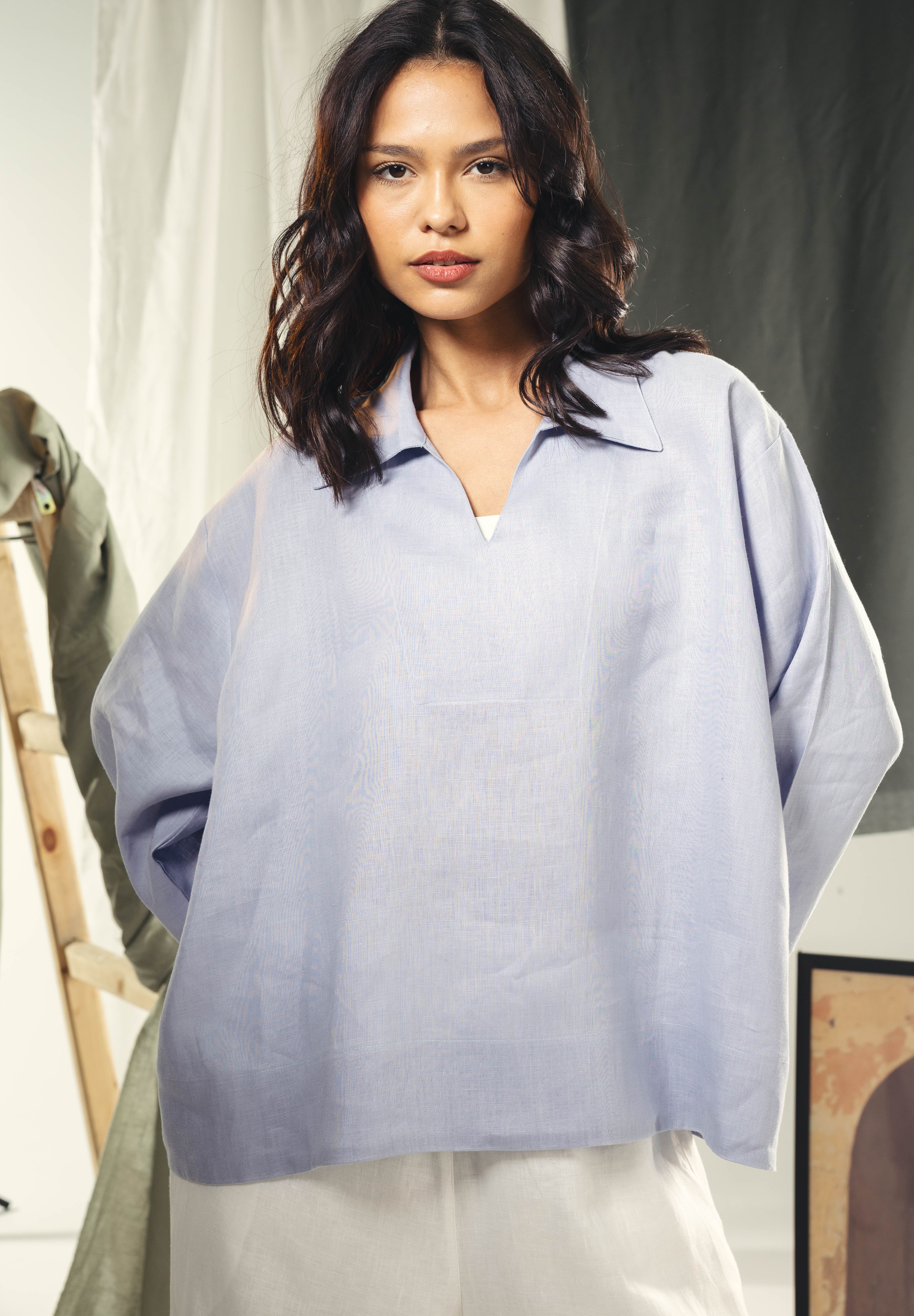 Oversized Blouse with V-Neck BabyBlue