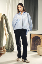 oversized striped shirt with back straw string baby blue and dark grey