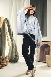 oversized striped shirt with back straw string baby blue and dark grey