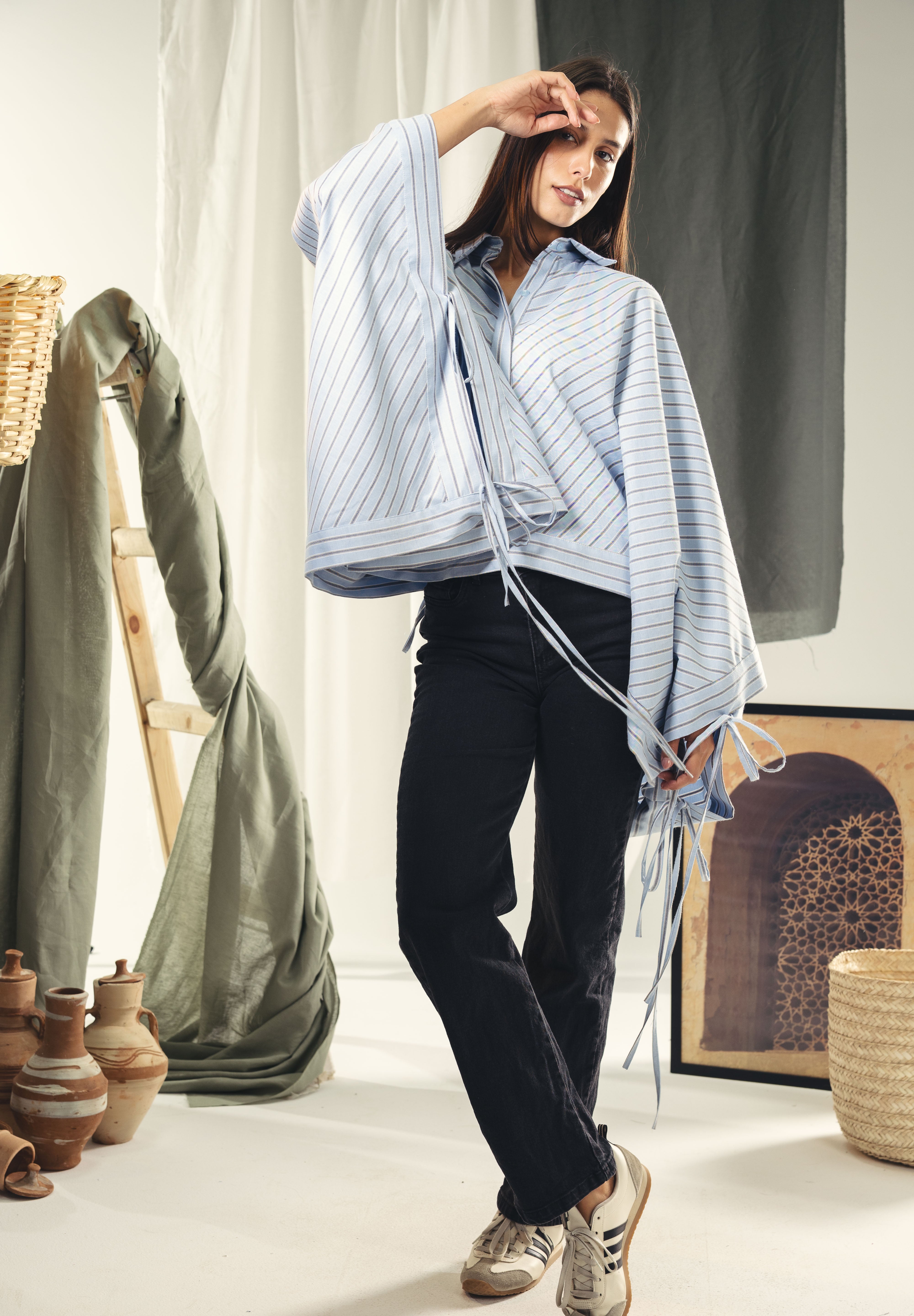 oversized striped shirt with back straw string baby blue and dark grey