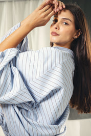 oversized striped shirt with back straw string baby blue and dark grey