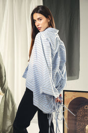 oversized striped shirt with back straw string baby blue and dark grey