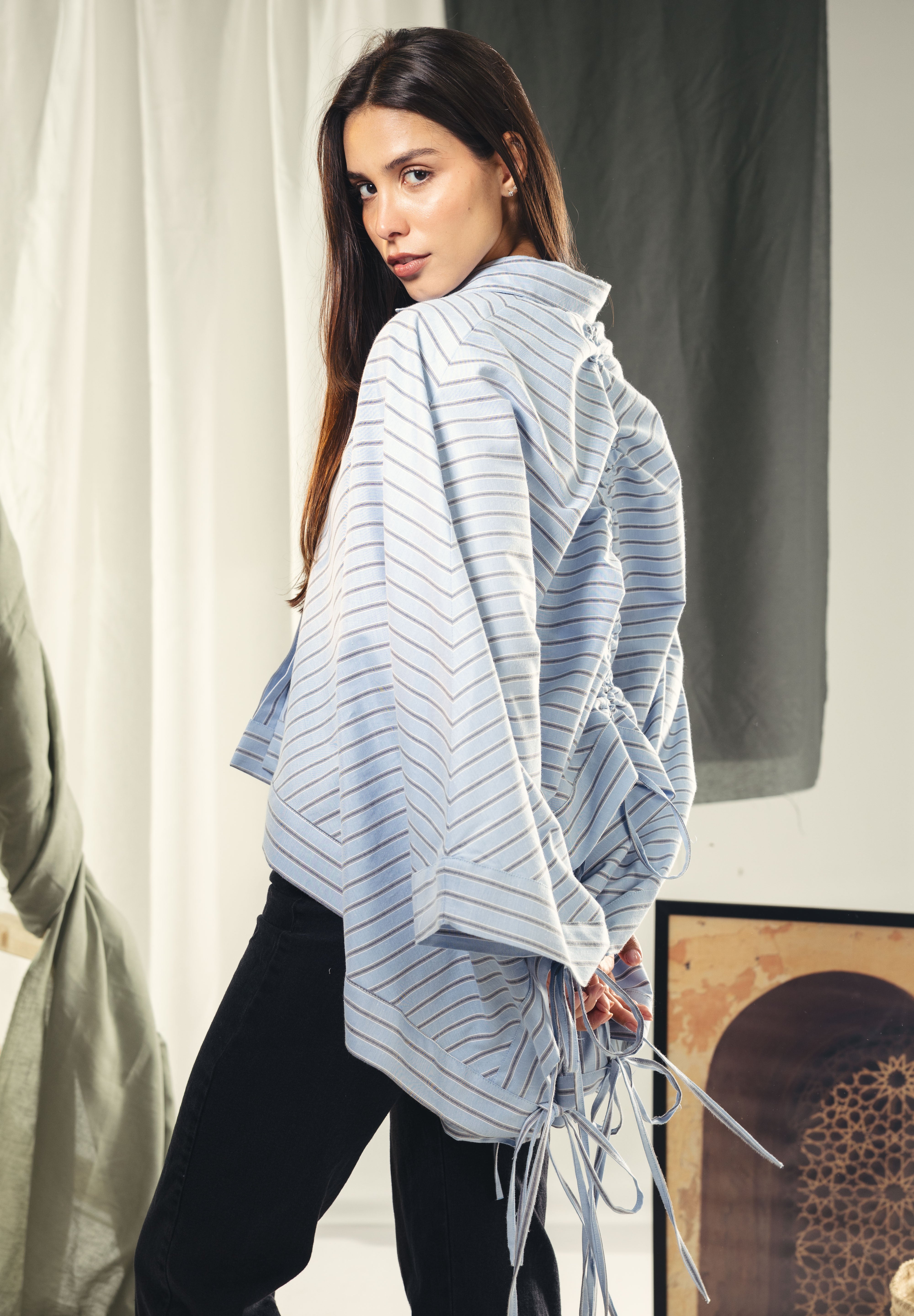 oversized striped shirt with back straw string baby blue and dark grey