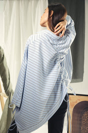 oversized striped shirt with back straw string baby blue and dark grey