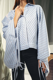 oversized striped shirt with back straw string baby blue and dark grey