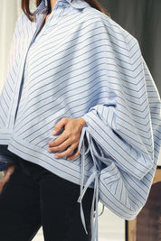 oversized striped shirt with back straw string baby blue and dark grey